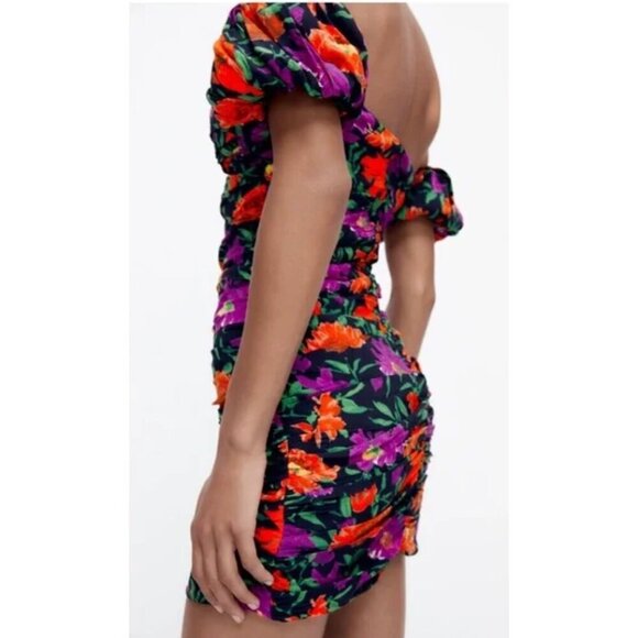 NWT ZARA FLORAL PRINT OFF-SHOULDER MINI DRESS, SIZE XS - Picture 1 of 13